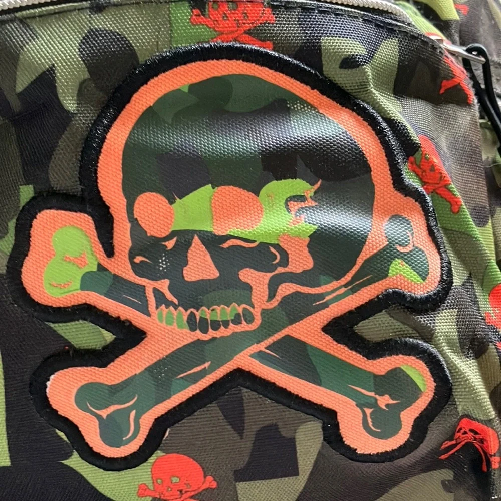 Camouflage Multi-Pocket‎ Backpack with Orange Skull & Crossbones